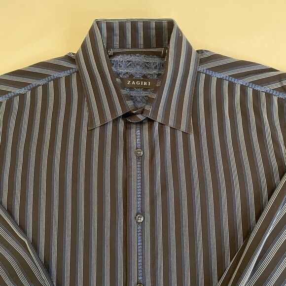 Zagiri Mens Blue Striped Flip Cuff Long Sleeve Button Up Cotton L - Picture 5 of 15